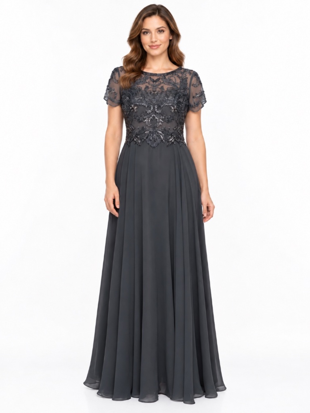 XSCAPE -‎ Embellished Beaded Bodice Chiffon Gown